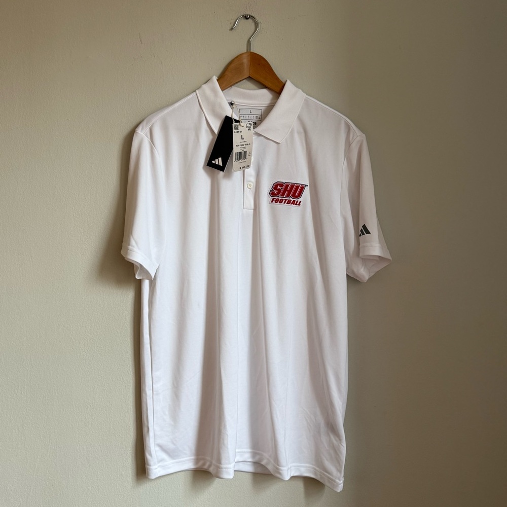 New Adidas White Polo Shirt with Red Logo SHU Football Size L